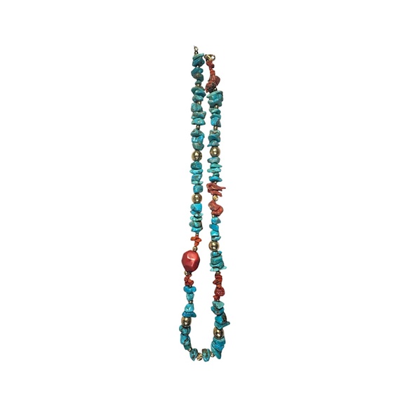 Vintage 26” Red Coral & Turquoise Nugget Necklace with Brass Beads Southwestern - Picture 7 of 9
